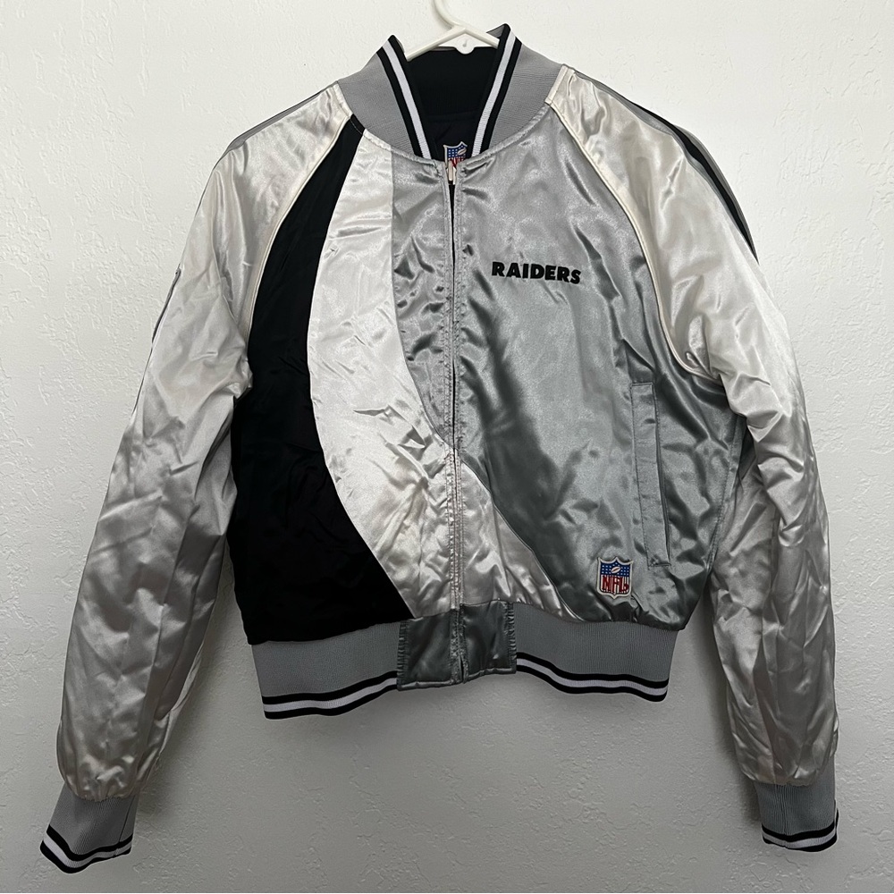 Raiders NFL Satin Bomber Crop Jacket Reversible